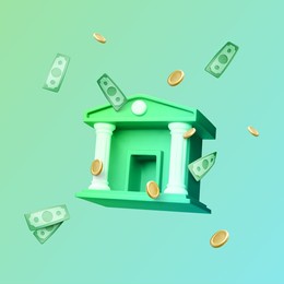 bank building with falling gold coin and paper currency in realistic cartoon style. business vector illustration for banners and posters