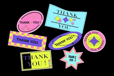 thank you cool trendy retro stickers.thanks lettering illustration vector design. funky, hipster retrowave stickers in geometric shapes. with retro stickers vector design.