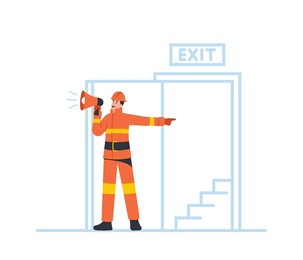 alert for building office escape in life-threatening situation. fireman character with loudspeaker announce fire emergency evacuation alarm stand at open door with ladder. cartoon vector illustration