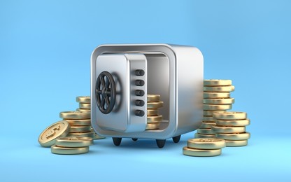 open silver safe box with golden coins on blue background. 3d rendering.