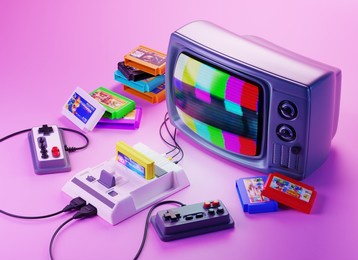 3d illustration. old-fashioned tv set with gamepads, game console and floppy disks
(cartridges) in pink blue gradient neon light. retro media, 90s entertainment. 3d rendering.