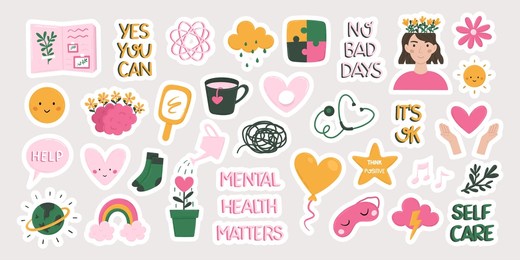 mental health, mind therapy, self care and love, compassion and positive thinking concept collection of hand drawn flat stickers vector illustration.