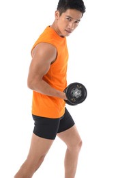 man in a orange shirt holding dumbbells, sport training concept