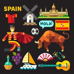 color vector flat icon set and illustrations spain: architecture, palace, flag,  flamenco, bullfights, bull, corrida, toros, toreodor, guitar, grapes, mill, football, boat, saling