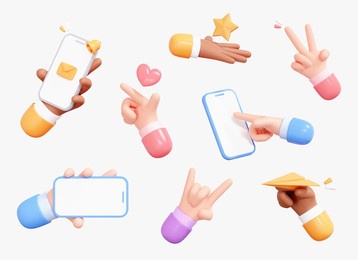 3d hand collection set icon in cartoon design. hands with gestures and holding different objects. colorful realistic elements isolated on white background. 3d rendering