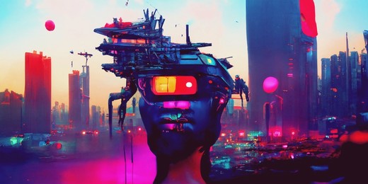 a cyborg with a glowing face-screen looks directly into the background of a gloomy cyberpunk landscape in neon colors. futuristic 3d illustration