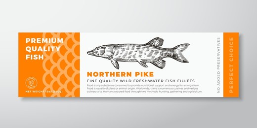 premium quality northern pike vector packaging label design. modern typography and hand drawn freshwater fish silhouette seafood product background layout