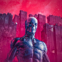 cyberpunk death cyborg - 3d illustration of male science fiction skull faced robot in futuristic city