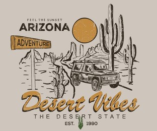 desert vibes vintage print design for t shirt, poster, sticker, batch, embroidery and others. wilderness road trip vector artwork.  