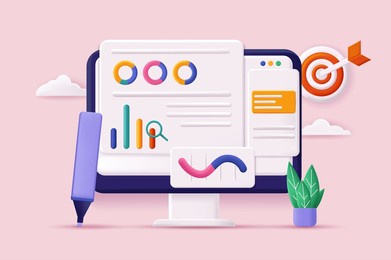 data analysis concept 3d illustration. icon composition with statistics on charts and diagrams at site interface. business strategy development and targeting. vector illustration for modern web design