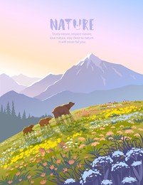 beautiful view on a mountains and bear families walking across the valley. amazing wallpaper. vector illustration