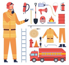 cartoon fireman character in uniform, firefighter equipment and tools. water hose, fire engine, extinguisher, helmet and hydrant vector set. illustration of fireman character, axe and extinguisher