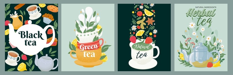 black, green and herbal tea package label design. tea drink concept with leaves, cups, sweets and teapots. decorative cafe poster vector set. illustration of leaf herbal and teapot