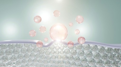 serum collagen and vitamin drop on skin cells. serum through the skin layer and reduce up saggy skin of the skin cell. 3d rendering.  