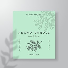 aroma candle vector label template. mint leaves scent from local purveyors advert design. ink style sketch background layout decor. natural smell product package text space