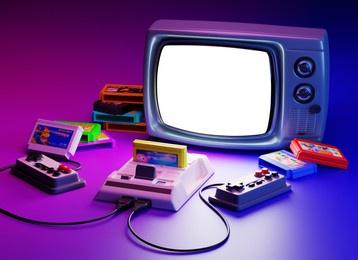 3d illustration. old-fashioned tv set with gamepads, game console and floppy disks(cartridges). retro media, 90s entertainment. 3d rendering. with a white background on the screen, for your image.