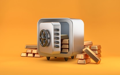 open silver safe box with gold bars on yellow background. 3d rendering.
