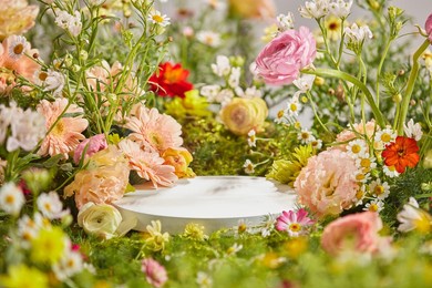 garden full of flower decorated with blank space for product advertising 