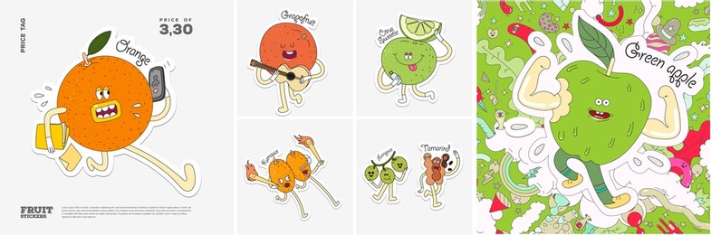 orange, grapefruit, sweetie, kumquat, tamarind, green apple. fruit. set of vector stickers. funny characters in doodle style. hand-drawn cartoon icons with stroke.
