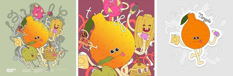 tamarind, jackfruit, dragon fruit, tangelo, durian. funny characters.  set of vector illustrations. doodle style. painted, colorful fruit with outlining. sticker, poster , background image for label.