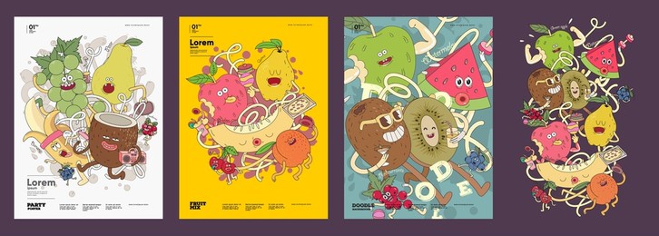 fruit mix.  set of vector illustrations. doodle style. painted, colorful fruit with outlining. sticker, poster , background image for label.