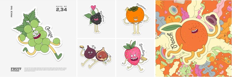 grape, blackberries, persimmon, fig, strawberry, peach. fruit. set of vector stickers. funny characters in doodle style. hand-drawn cartoon icons with stroke.