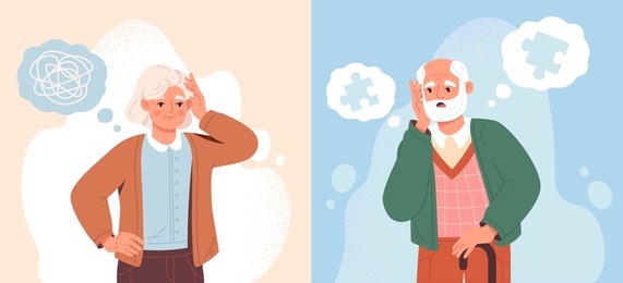 alzheimer illness disease patients concept. set of elderly confused man and woman with memory loss and puzzles flying around. brain disease in pensioners. cartoon contemporary flat vector collection