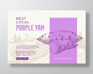 purple yam food label template. abstract vector packaging design layout. modern typography banner with hand drawn ube vegetables and rural landscape background. isolated