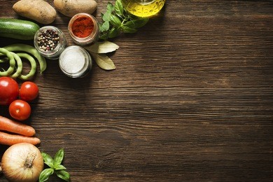 vegetables on old wooden background overhead close up shoot