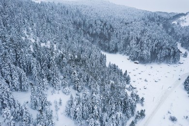 winter landscape. aerial view of snowy forest. video shoot with zoom out camera movement. golcuk nature park in bolu, turkey.
