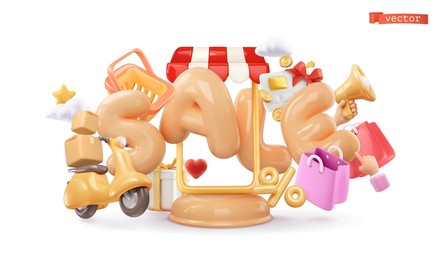 3d sale text. online shop render vector illustration