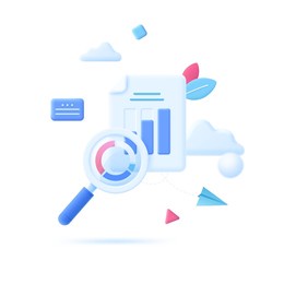 bar chart viewed through magnifier. concept of business growth, financial progress of startup project, statistical research, data analysis. modern vector illustration in 3d style for banner, poster.