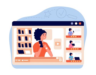 blogger review. internet vlogger, video reviews or business ad. online influence, live channel or vlog. social marketing utter concept