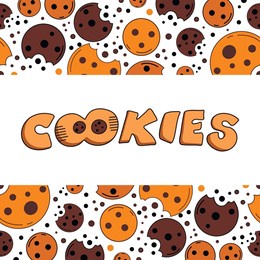 cookies hand-lettering logo, digital vector illustration of pattern brown cookies with chocolate balls on top and bottom. the illustration is for the cookie packaging banner cards poster. dessert. 