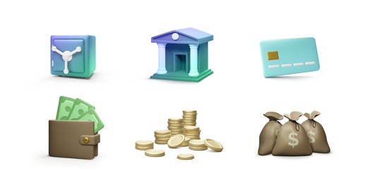 manage money realistic 3d icons. bank building and bags with money credit card and coin stacks strongbox. online banking or bank services icons set. vector illustration