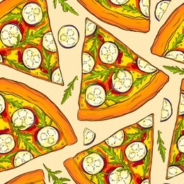 seamless pattern made of tasty eggplant pizza slices.