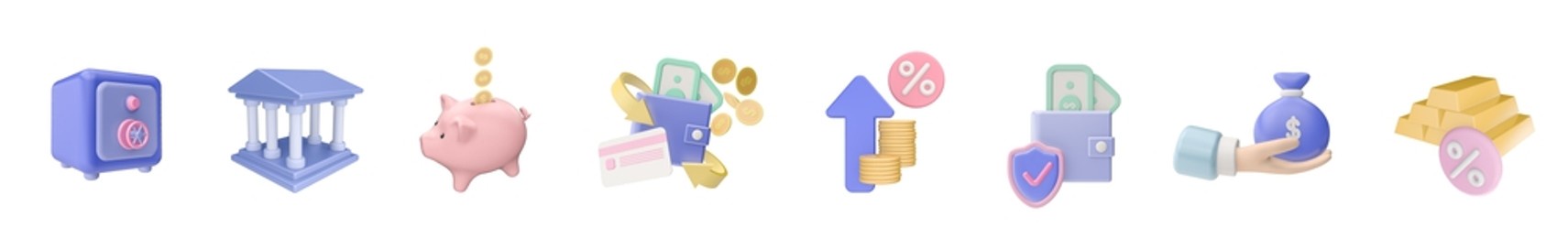 3d render illustration. 
set of icons on the theme of money and finance. can be used for web and app. modern trendy design. isolated on white background.