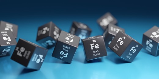 physics element mineral iron (fe), metal used in science and research, dietary supplement, healthcare, industry and chemistry. promotional education periodic element 3d render.