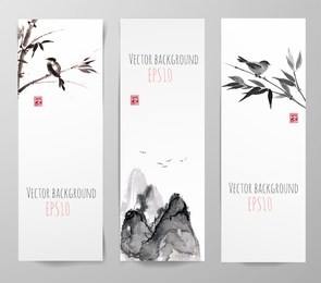 banners with bamboo, mountains and bird in sumi-e style. vector illustration. traditional japanese painting. hand-drawn with ink. 