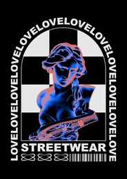 modern poster of a statue of a girl, with a frame and text "love". in techno style, stylish print for streetwear, print for t-shirts and hoodies, isolated on black background