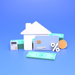 house badge and banknotes. the concept of buying a home. 3d renderer