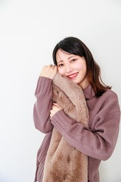 japanese woman in winter clothes and white background