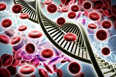 digital illustration of dna and blood cells in colour background