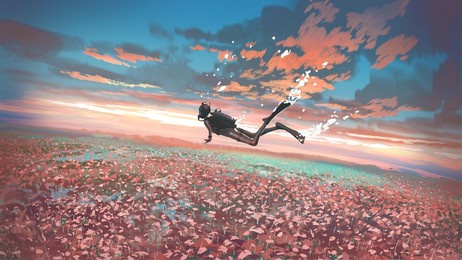 surreal scene of a diver floating in the air over a field of flowers at dusk, digital art style, illustration painting