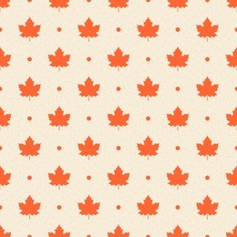 retro seamless pattern. orange maple leaves and dots on beige textured background. 