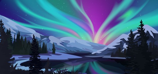 aurora borealis. green northern lights above mountains. winter night landscape.