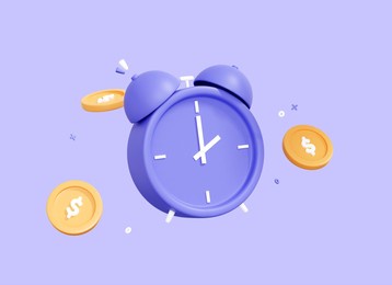 3d cartoon alarm clock and coins. time is money concept. tax time reminder. business investments, earnings and financial savings. fast money. quick loan. 3d rendering