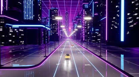 metaverse city with transport car, 3d render