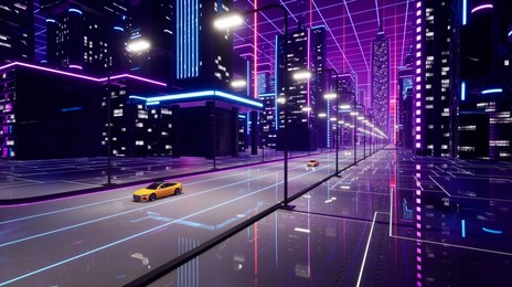 metaverse city with transport car, 3d render