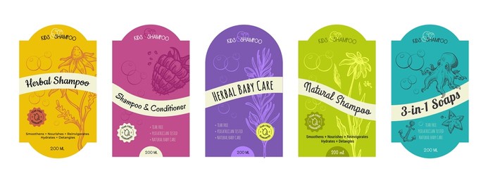 child shampoo label, baby care cosmetic package set. foam gel for kids skin, hair health sticker design set, vector illustration. isolated on white lotion emblem with hand drawn element